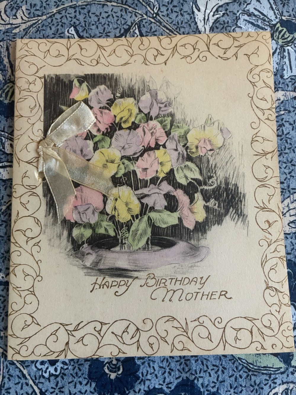 Antique 1930s Floral 'Happy Birthday Mother' Greeting Card with Bow